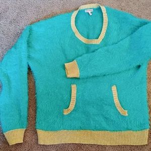 JUICY COUTURE Fuzzy Cropped Eyelash Lurex Turquoise Gold Trim Size  M - Preworn